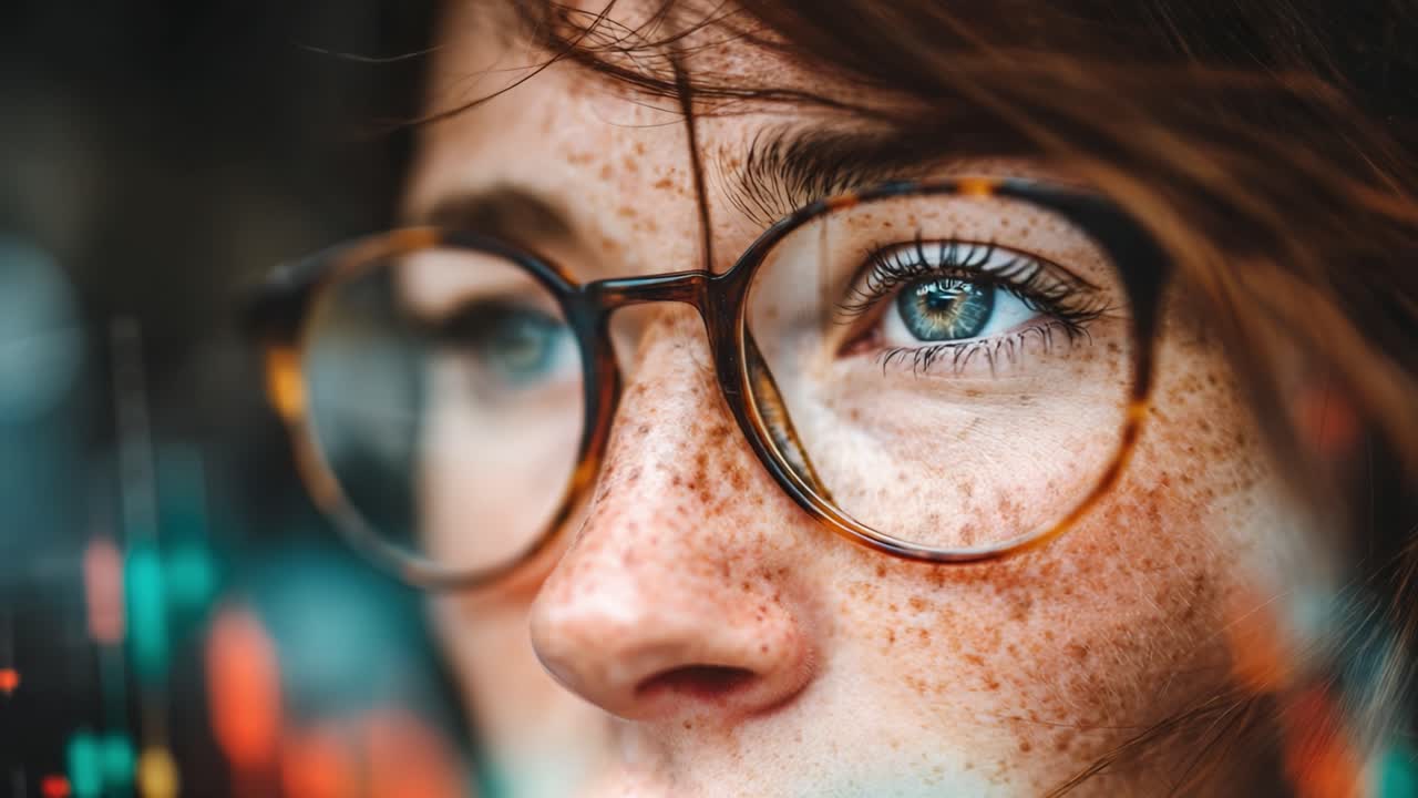 Close-up Portrait of a Young Woman with Freckles and Glasses, Capturing Intense Emotions and Expressions in a Dynamic Background of Colorful Data Visualization