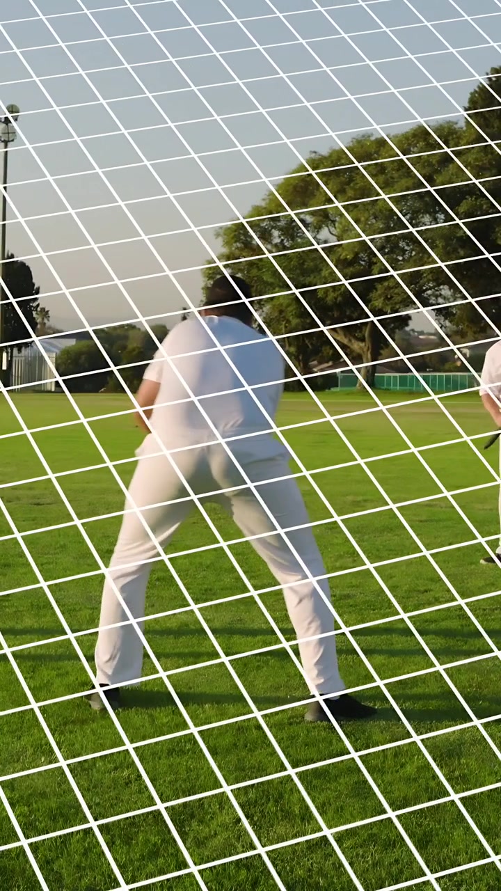 Vertical video: Male player stepping right for drill on field, starting AR analytics grid, charts