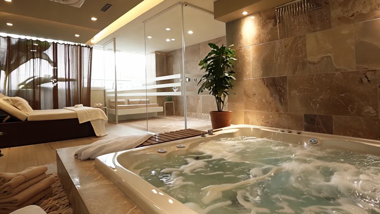 Luxury Bathroom Spa with Bathtub and Relaxation Area