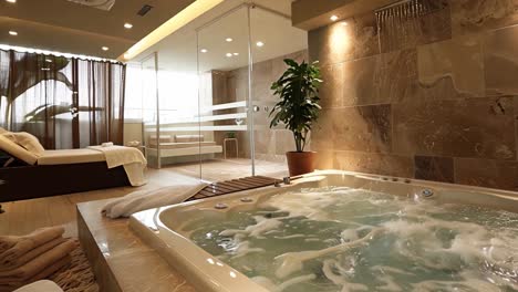 luxury bathroom spa with bathtub and relaxation area