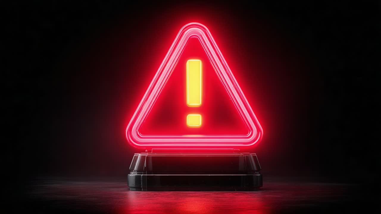Flashing Warning Sign with Exclamation Mark Illuminating Dark Background, Emphasizing Caution and Alertness in Visual Communication