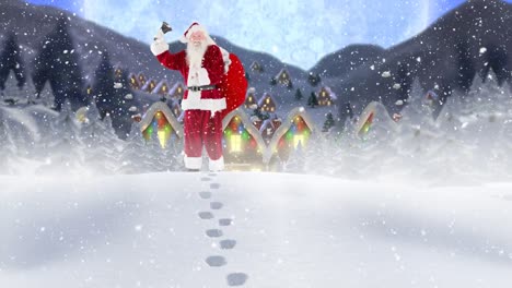 Santa-clause-in-front-of-decorated-houses-in-winter-scenery-combined-with-falling-snow