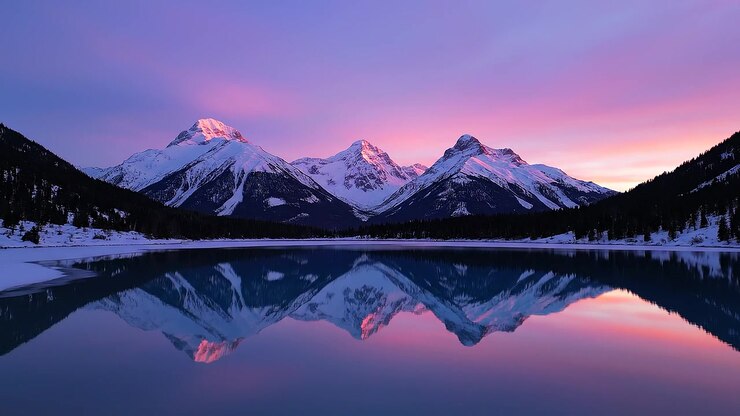 Splendido riflesso di cime innevate in un lago di montagna all'alba