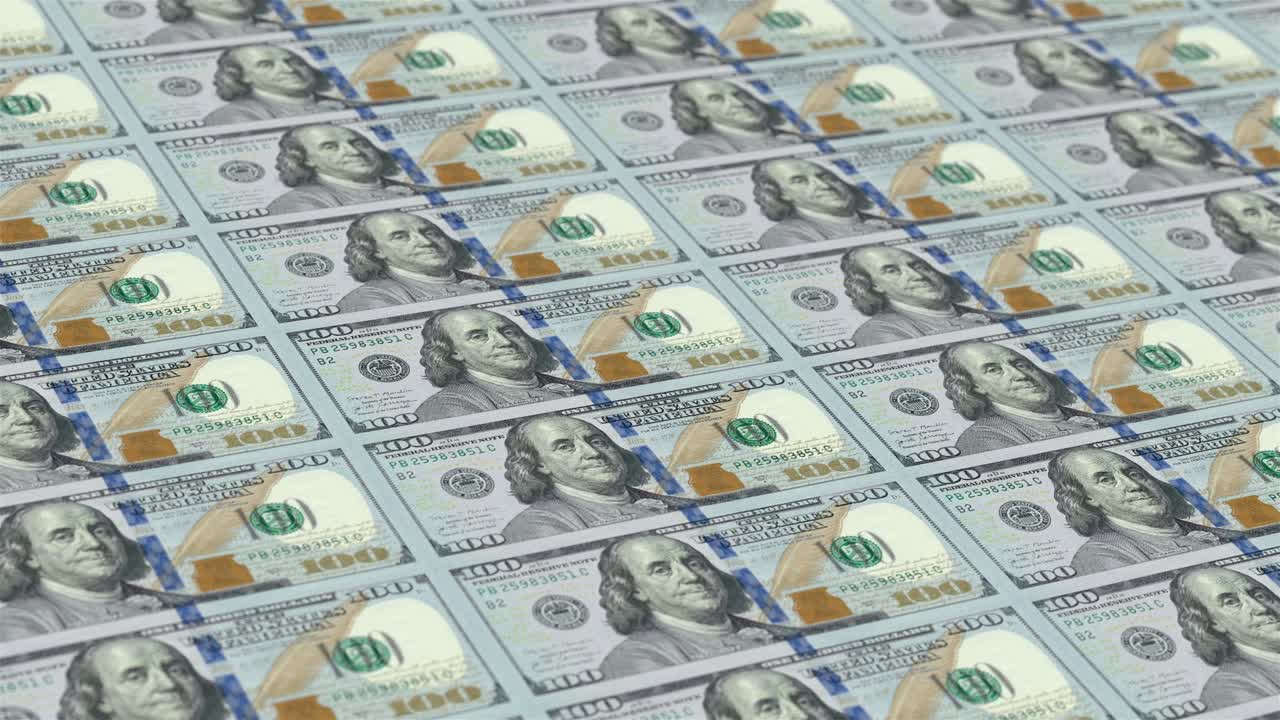 클로즈업 달러 돈 인쇄 애니메이션 비즈니스 금융 공장 개념 산업 경제 과정 3d 렌더링