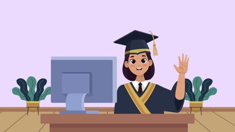 graduate girl with desktop online graduation