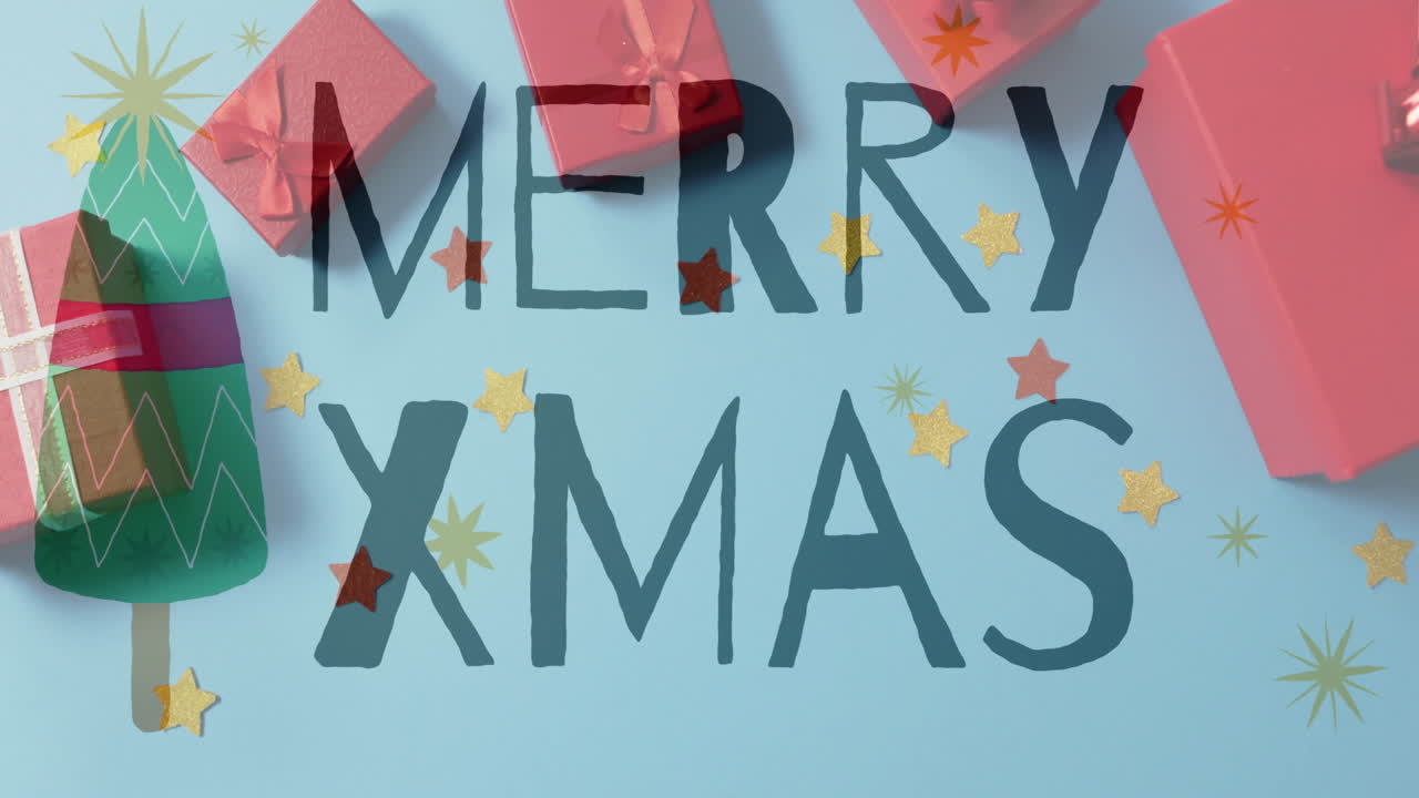 Merry Xmas text animation over Christmas tree and gift boxes on blue background