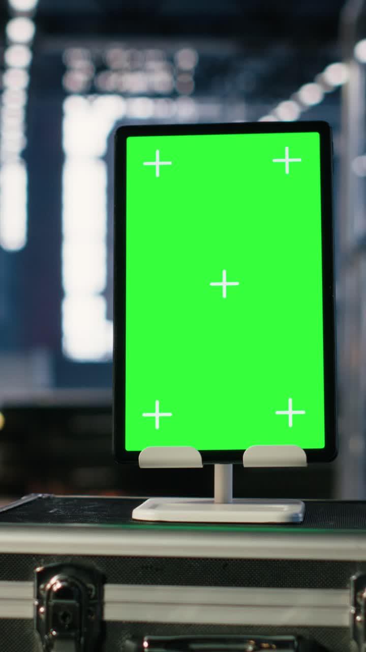 Vertical Video Vertical green screen in empty warehouse with mechanical equipment
