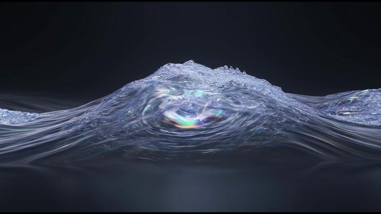 Animazione 3D astratta di un'onda liquida iridescente che si increspa su sfondo scuro