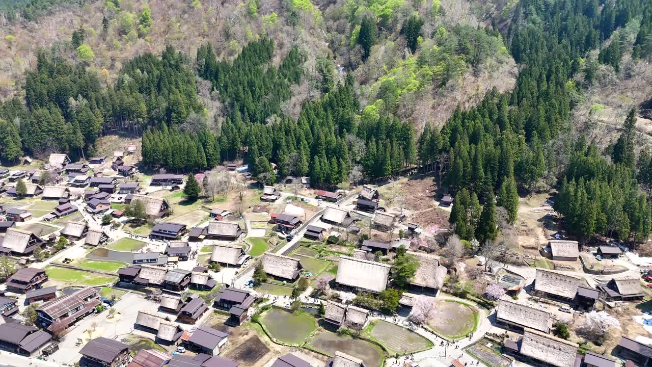 Shirakawago, Japan, Aerial pan down on village centre