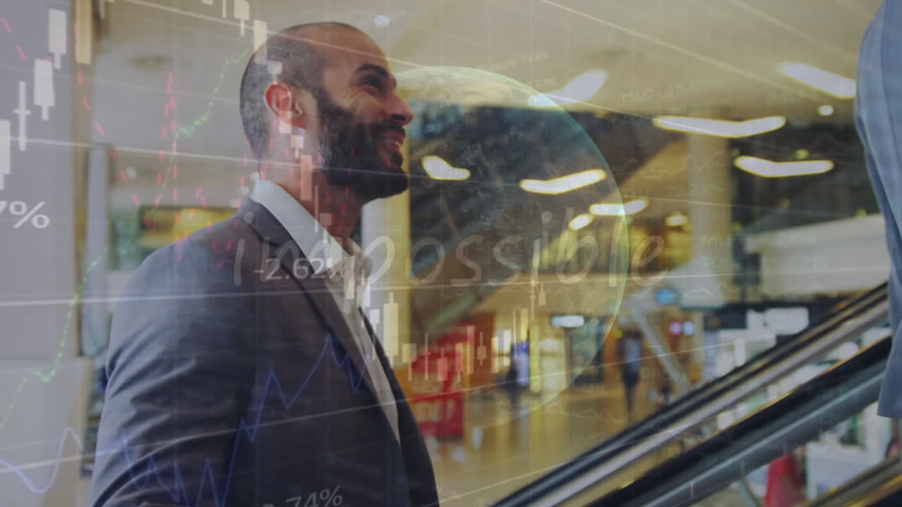 전 세계, 통계 및 데이터 처리에 대한 애니메이션 두 인종 사업가 공항에서