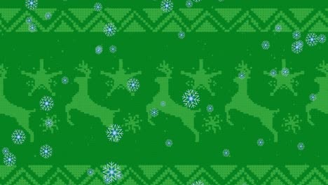 Animation-of-snowflakes-over-stars-and-reindeers-design-and-abstract-pattern-on-green-background