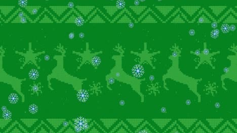 animation of snowflakes over stars and reindeers design and abstract pattern on green background