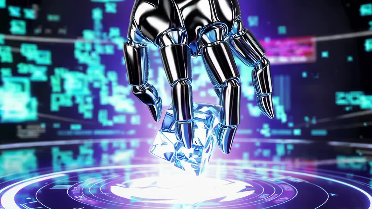 Robot Hand Manipulating Ice Cube on Futuristic Interface