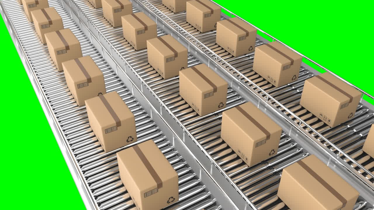 녹색 바탕에 컨베이어 벨트에서 움직이는 카드보드 상자의 애니메이션
