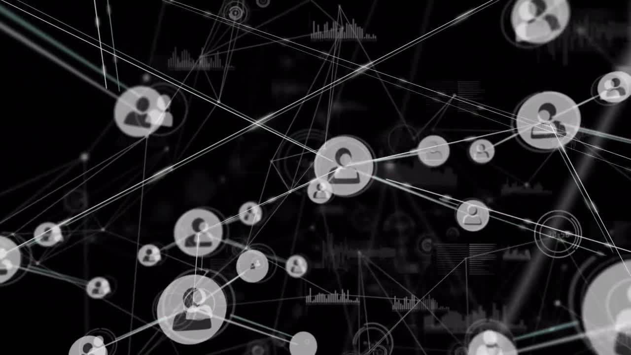 Animation of growing network of people icons transferring data on black background