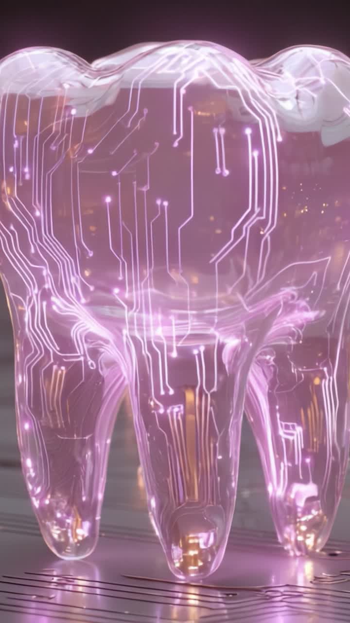 A Futuristic Tooth Design with Integrated Circuit Patterns Illuminating in a Glowing Purple Hue, Portraying the Intersection of Dentistry and Technology