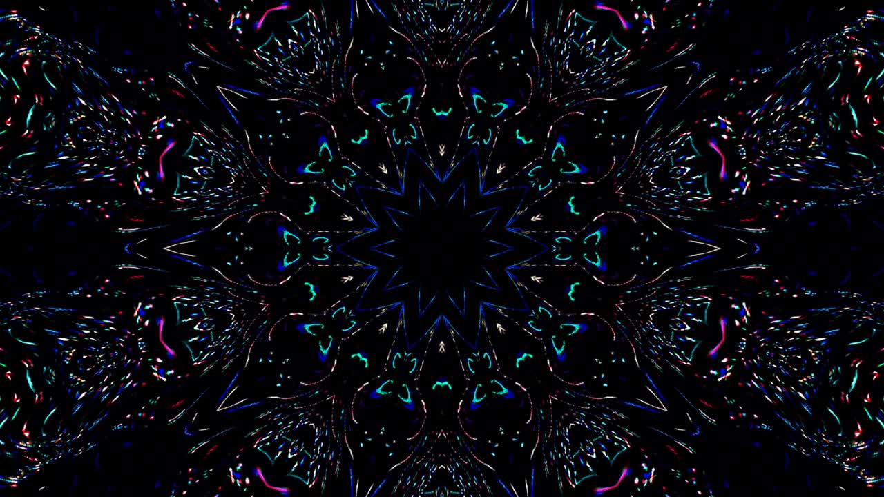 추상적인 선, 다채로운 빛, 중앙의 둥근 모양, 검은 바탕