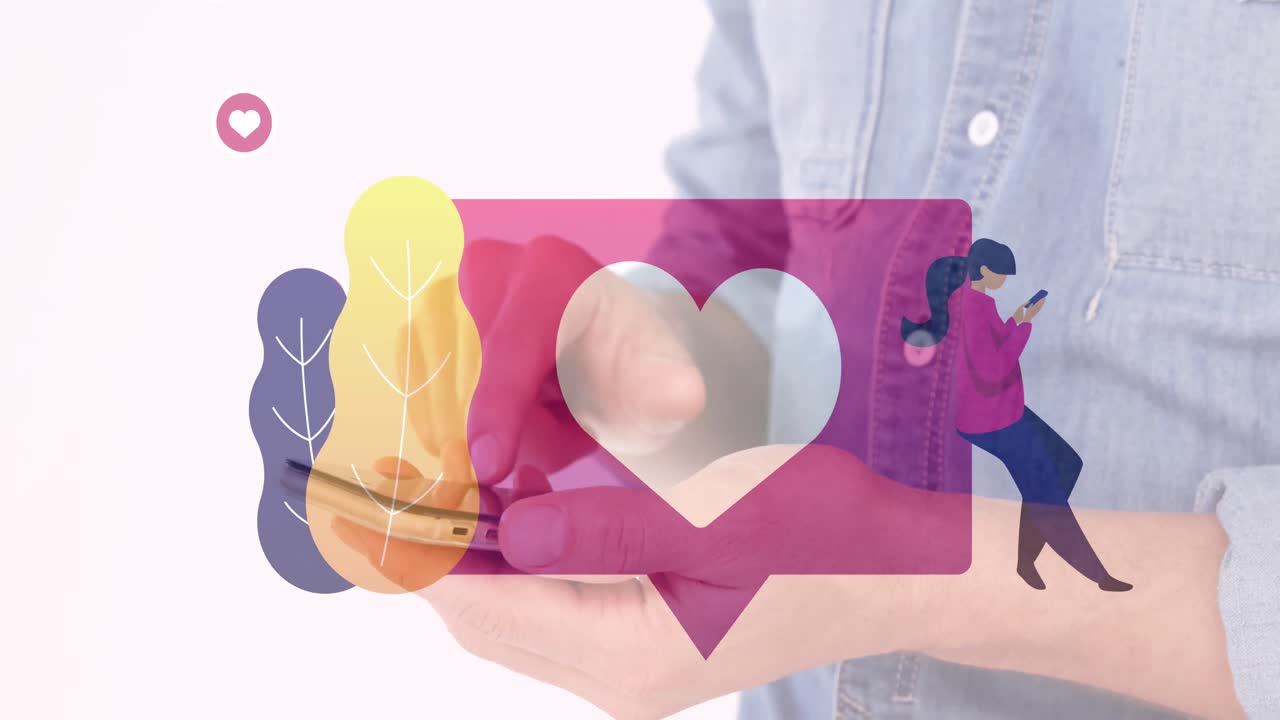 animación de un emoji de corazón sobre un hombre caucásico usando un teléfono inteligente