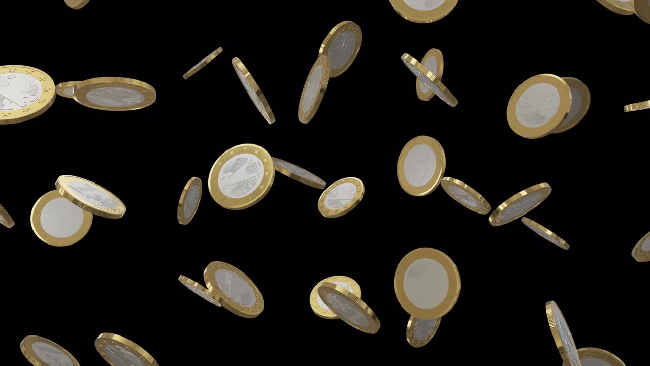los símbolos de las monedas de euro de la moneda europea caen, giran y giran. el símbolo del euro dorado brilla. animación en bucle, canal alfa, 3d, 4k