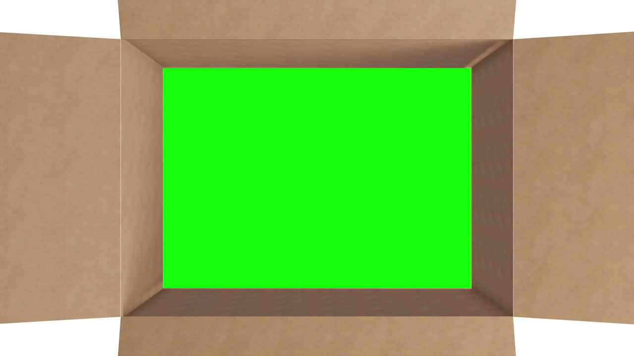 Overhead of green screen in brown cardboard box with lid closing on white background