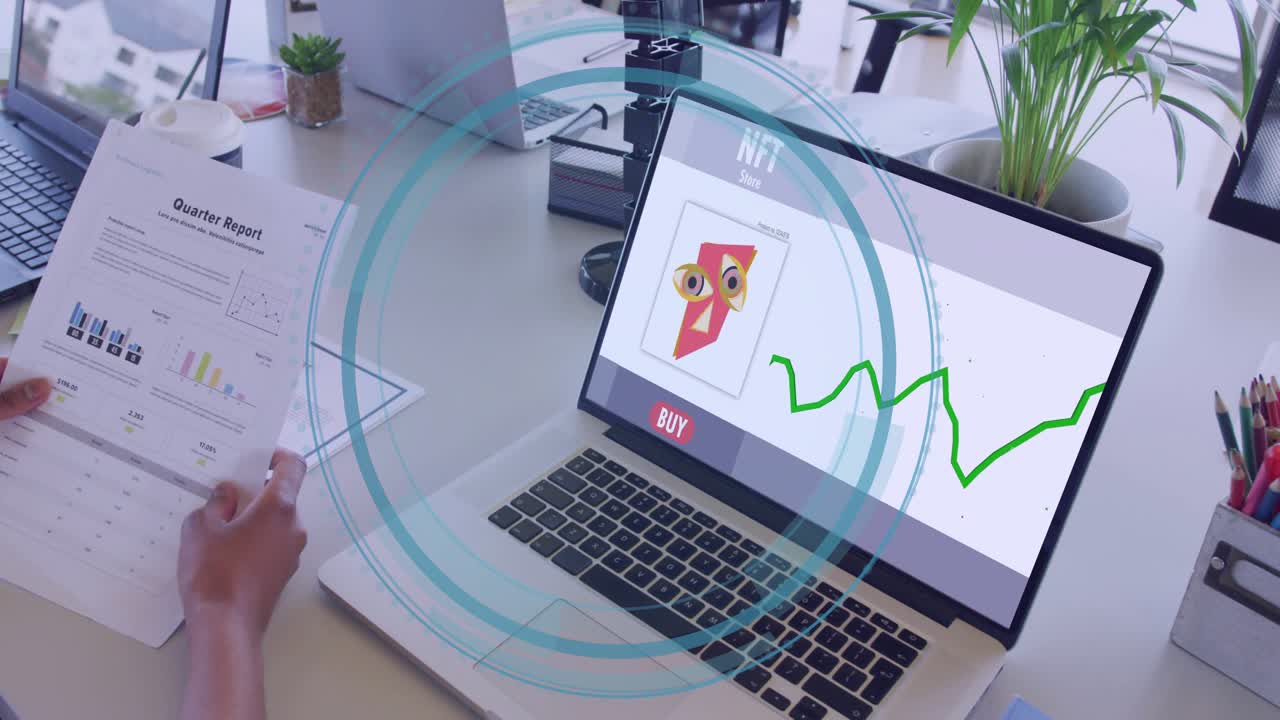 Finance analyst selecting NFT on laptop, showing HUD and green trend line, comparing Quarter Report