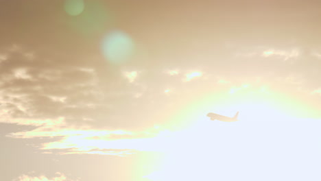 plane flying in the light of bright evening sun