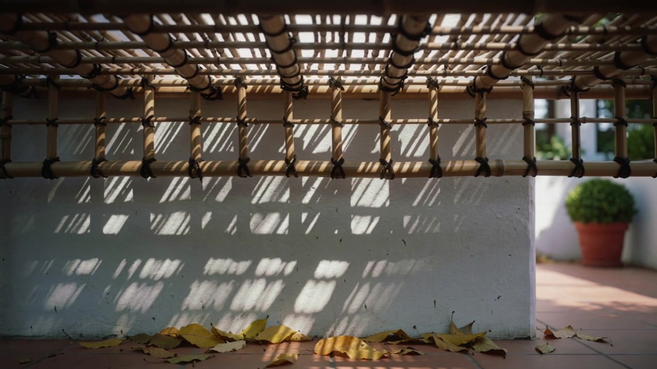 Luce solare mutevole che proietta ombre a griglia sotto una panca in rattan, patio piastrellato che mostra un vaso di terracotta e foglie.