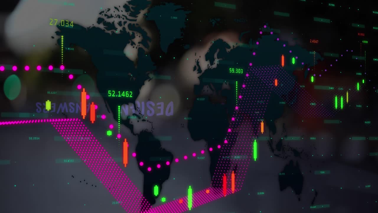 Animation of graphs, map with responsive, design, answer text over defocused cars moving on street