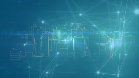 Animation-of-networks-of-connections-over-3d-cityscape-on-blue-background