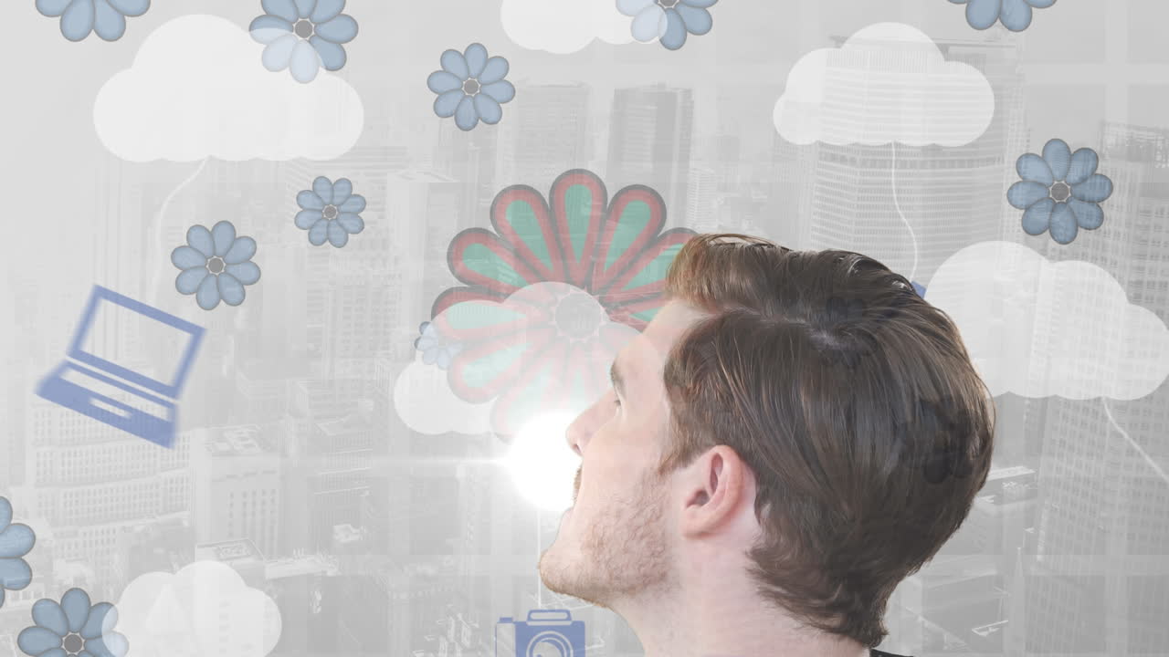 클라우드 아이콘과 도시 풍경 위에 코카시안 사업가의 애니메이션