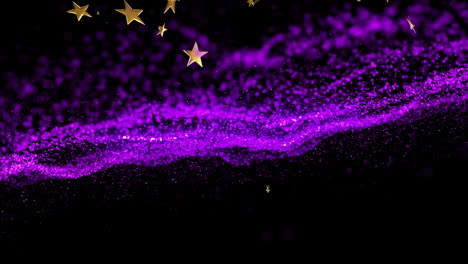 bright purple particle wave flowing across digital abstract backdrop, gold stars sparkling above