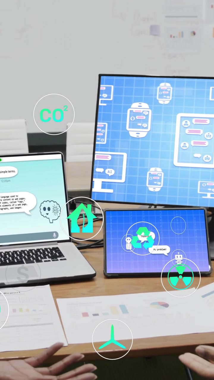 Animation of ecology icons over diverse female colleagues discussing work in office