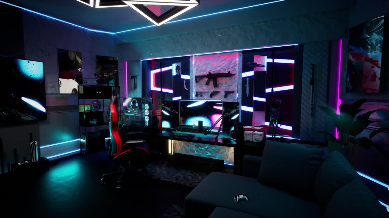 Futuristic Gaming Room Or E-Sports Setup With Neon Lighting