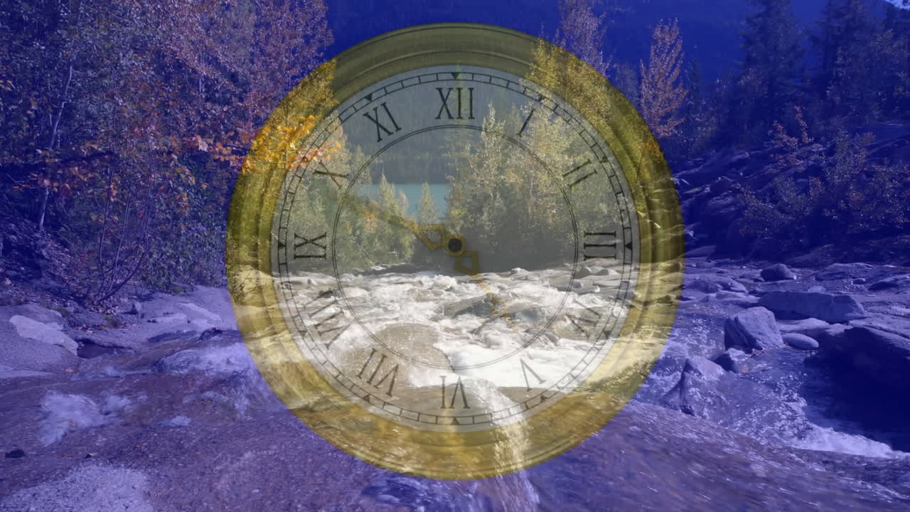Autumn trees animation overlaying clock face on scenic river landscape