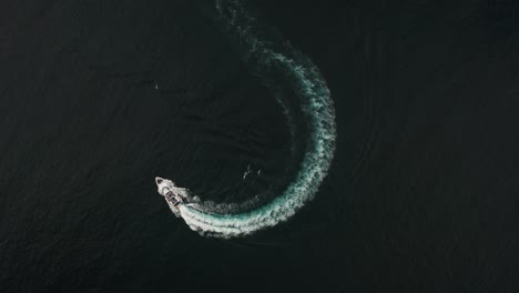 Top-down-aerial-of-a-motorboat-going-in-a-circle