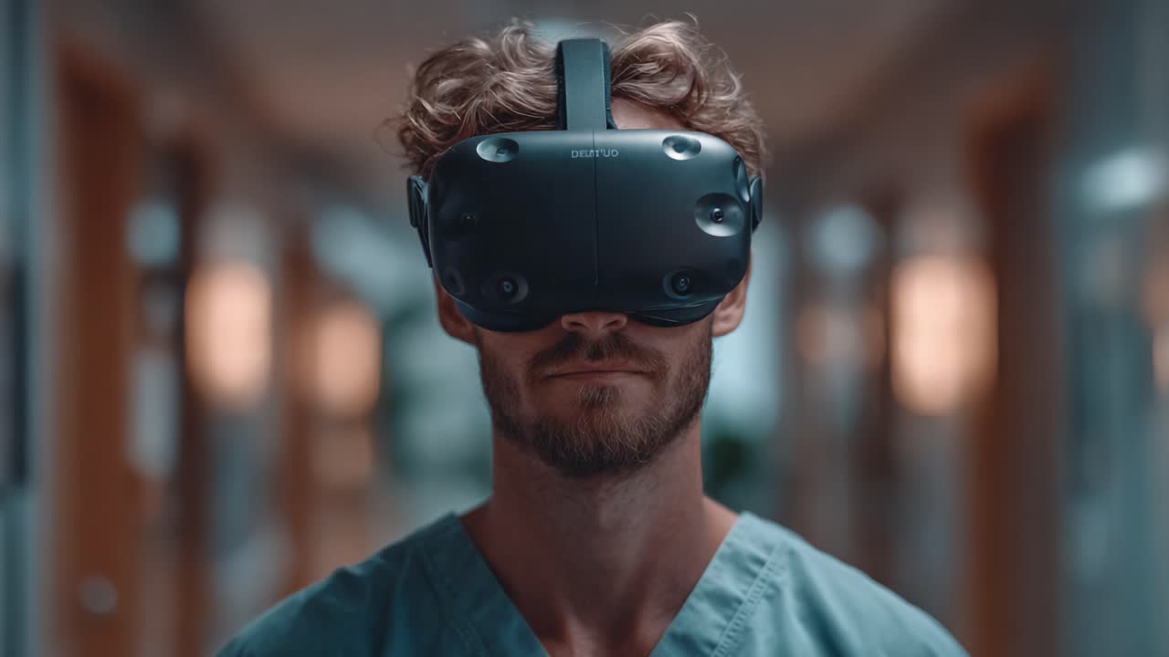 Eine fokussierte Person, die in virtuelle Realität eintaucht und ein elegantes Headset trägt, symbolisiert die Verschmelzung von Technologie mit menschlicher Erfahrung in einem modernen Umfeld
