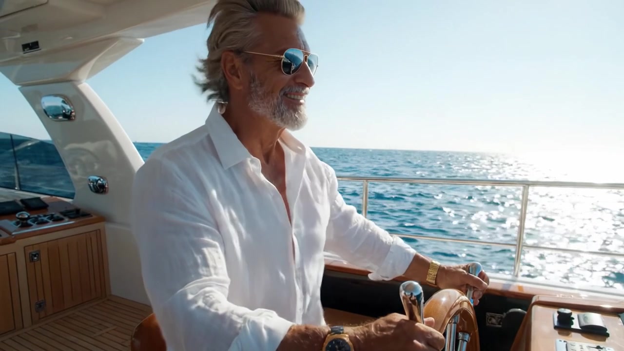 Un capitano fiducioso che naviga in mare aperto su uno yacht di lusso, abbracciando la libertà e l'avventura del viaggio oceanico sotto un sole splendente.