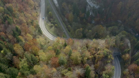 Vista-Aérea-De-Una-Carretera-En-Otoño-Al-Borde-De-Un-Bosque-Con-Dos-Coches-Cruzándose-Entre-Sí