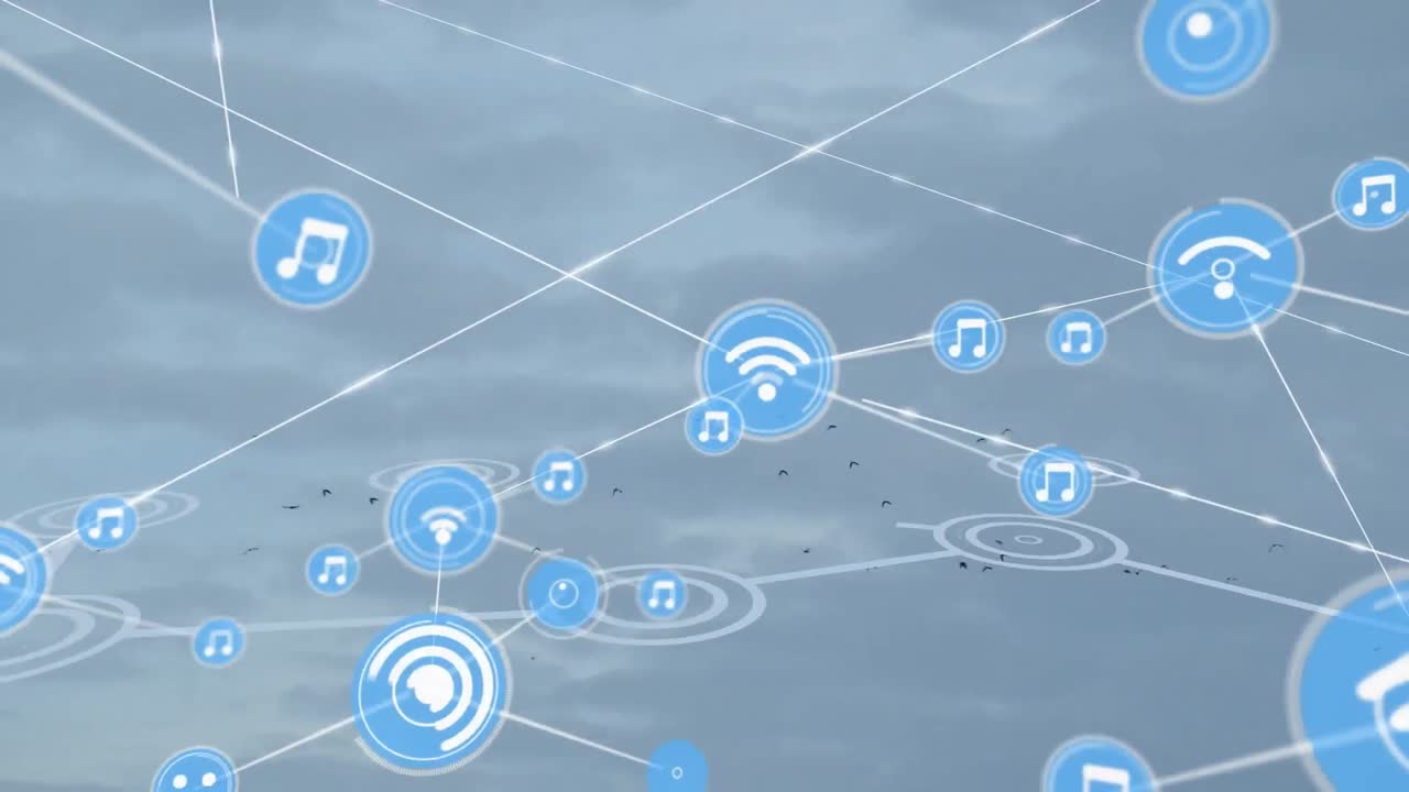 animación de la red de conexiones con iconos sobre fondo azul