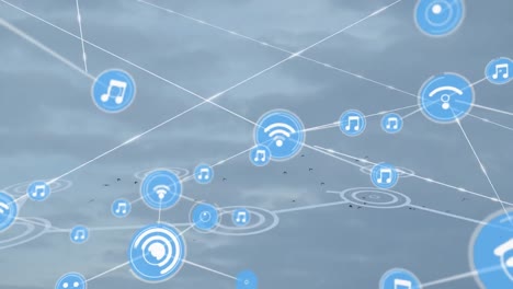 animación de la red de conexiones con iconos sobre fondo azul