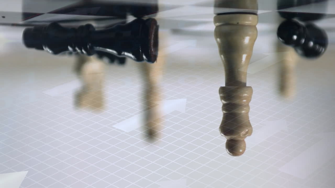 3D white chess piece floating upside-down over grid floor, translucent arrows circling chess pieces