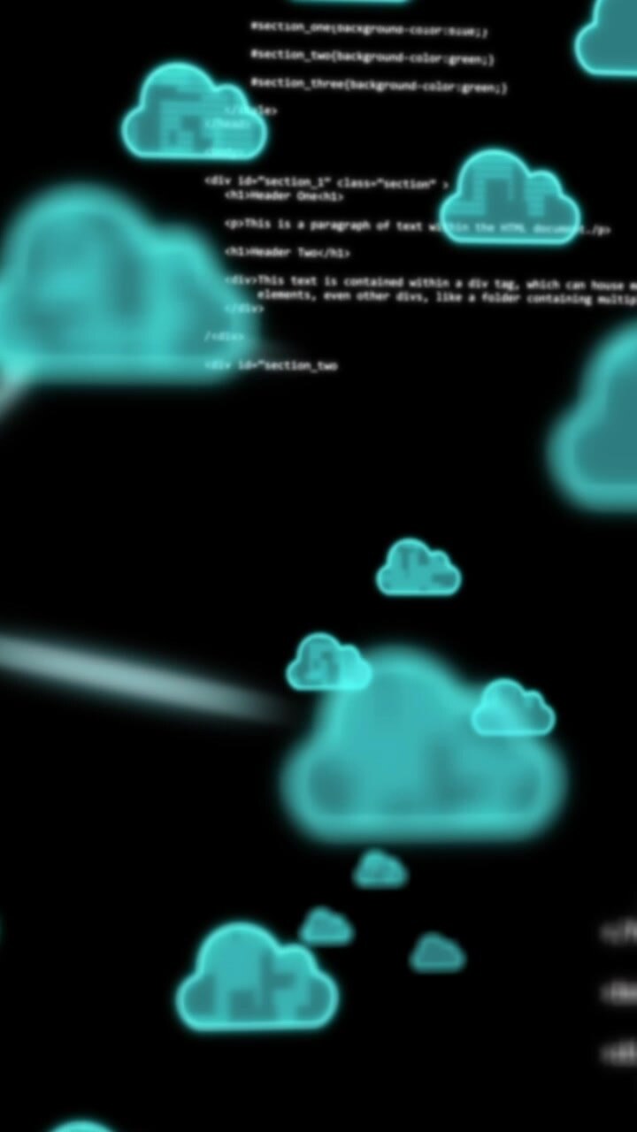 Animation of clouds with arrow signs and programming language moving on abstract background
