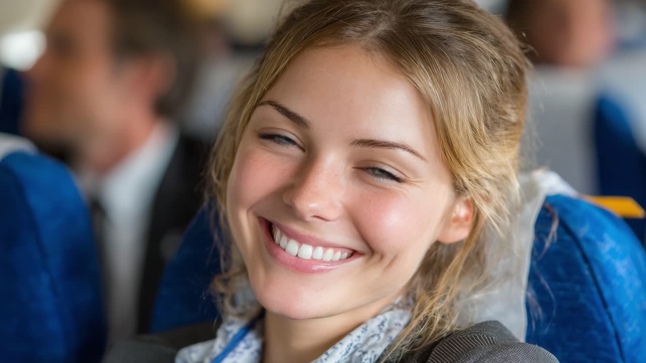 A Joyful Woman's Smile Captured on a Flight: Enjoying the Journey While Seated in an Airplane Surrounded by Fellow Passengers