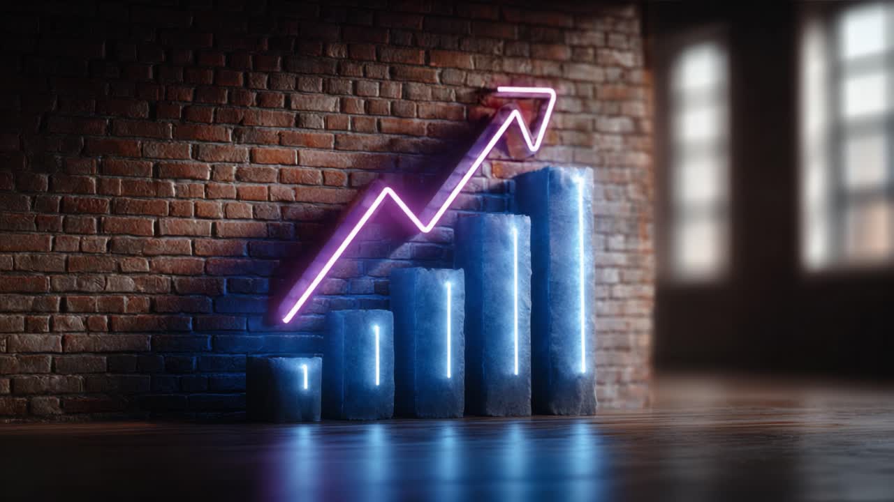 A Dynamic Representation of Growth: Vibrant Neon Bars with an Ascending Trend Graph Against the Backdrop of an Urban Brick Wall