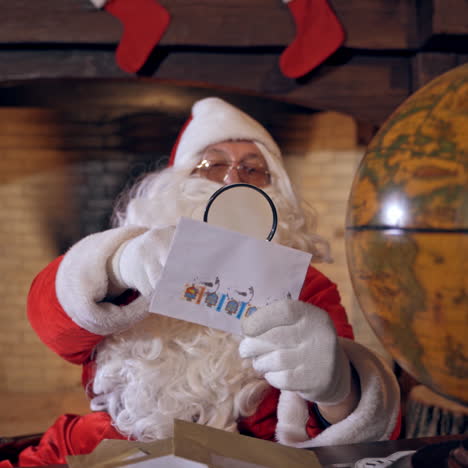 santa looking at the globe. santa claus is sitting and turning the model of the globe. envelope in santa's hands. christmas time.