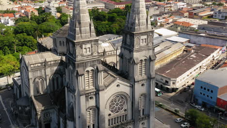 Aerial-view-of-The-Metropolitan-Cathedral-of-Fortaleza-and-the-city-around,-Fortaleza,-Ceara,-Brazil