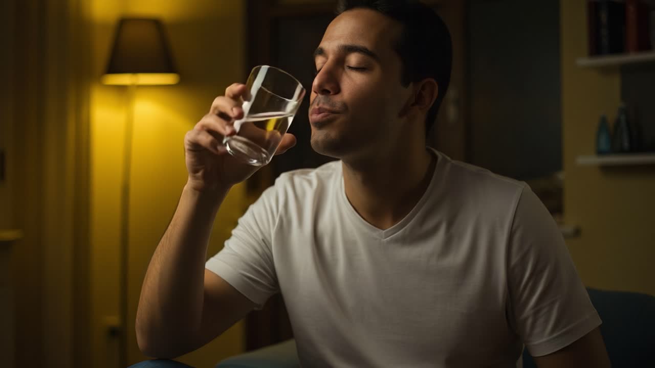 A man enjoying a moment of relaxation while sitting comfortably in a cozy room, sipping from a glass, reflecting on life amidst a warm and inviting atmosphere.