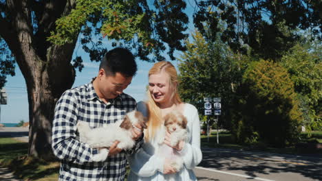 couple walking with puppies