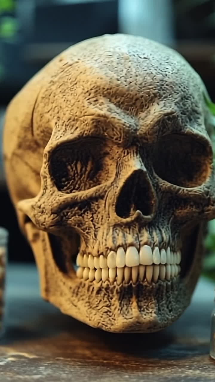 Skull centerpiece among cannabis plants. A detailed skull is placed among lush cannabis plants and containers filled with seeds on a wooden surface.