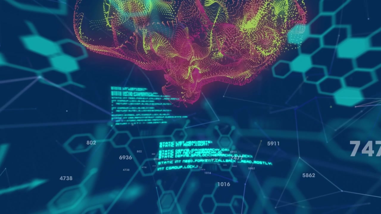 Animation of data processing over network of connections on black background